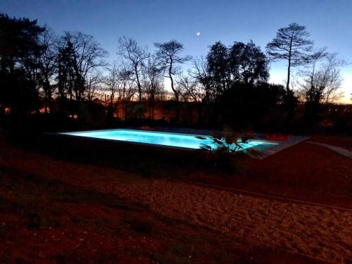 a swimming pool in a yard at night at L Esprit du Clain chambres d hôtes BandB de standing proches du Futuroscope Golf et Lac de St Cyr in Naintré