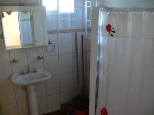 a bathroom with a sink and a shower at Cabañas Los Girasoles in Gualeguaychú