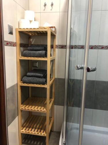 a shower room with wooden shelves in a bathroom at Apartament Szczęśliwa 13 - Plac Ratuszowy in Jelenia Góra