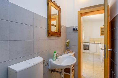 ein Badezimmer mit einem Waschbecken, einem WC und einem Spiegel in der Unterkunft KUĆA ZA ODMOR- LOVRO in Mali Lošinj
