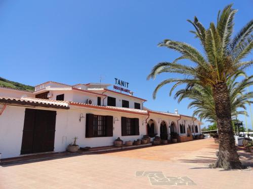a building with a palm tree in front of it at Hotel Villaggio Ristorante Pizzeria Museo TANIT in Carbonia