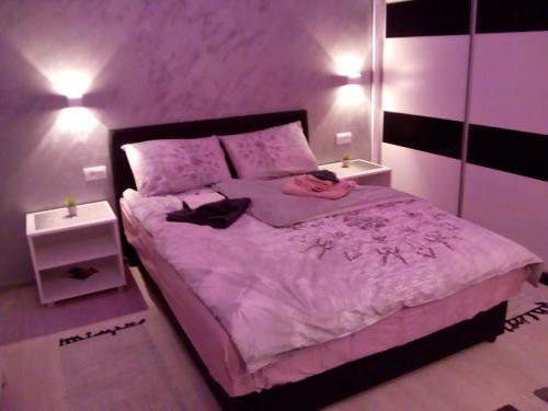 a purple bedroom with a large bed with two night stands at Victoria in Vračar (historical)