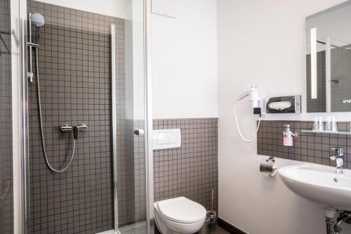 a bathroom with a shower and a toilet and a sink at Gut Gnewikow in Gnewikow