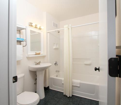 a bathroom with a sink and a toilet and a shower at Winners Inn Casino in Winnemucca