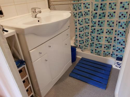 une salle de bain avec un lavabo et un rideau de douche dans l'établissement Les Marronniers, à Reillanne