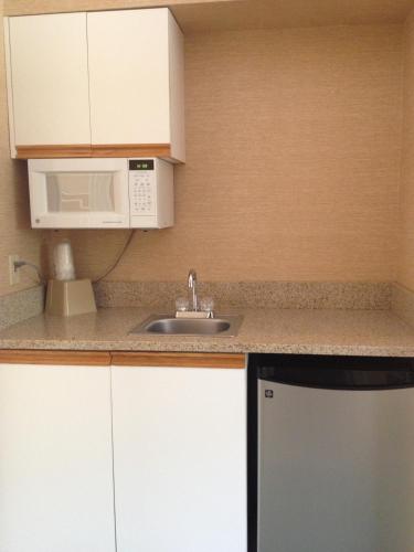 a kitchen with a sink and a microwave at Colonel Williams Resort and Suites in Lake George