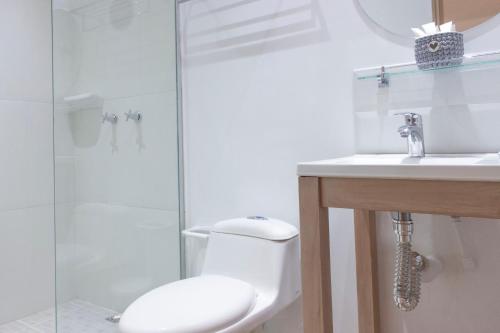 uma casa de banho com um chuveiro, um WC e um lavatório. em La Gloria Hotel by BespokeColombia em Santa Cruz de Mompox