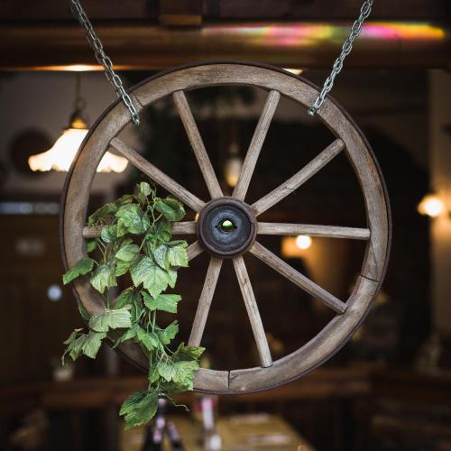 a wooden wagon wheel chandelier with ivy on it at Altwernigeröder Apparthotel in Wernigerode