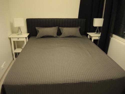 a bedroom with a bed with two nightstands and two lamps at Pearl in Raahe
