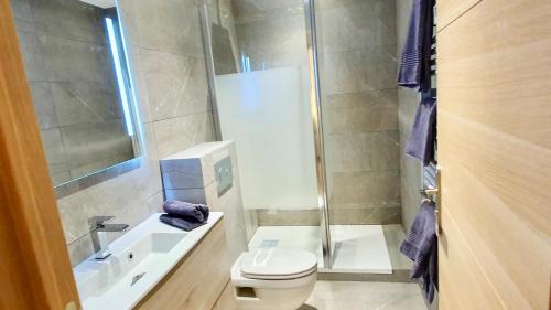 une salle de bain avec toilettes, lavabo et douche dans l'établissement Gorgeous 2 bedrooms brand new 3 Avenue Paul Arène, à Antibes