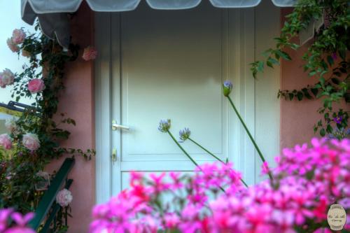 a pink house with a white door and pink flowers at Ca' Du Ale in Sestri Levante