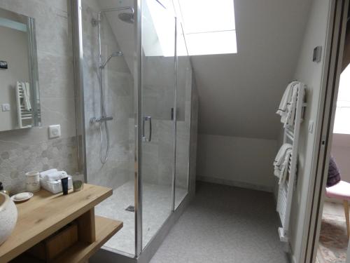 a bathroom with a shower with a glass shower stall at LE LOGIS ST PERE in Sancerre
