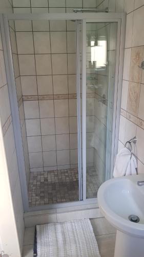 a bathroom with a shower and a sink at Esperanca Guesthouse in Windhoek