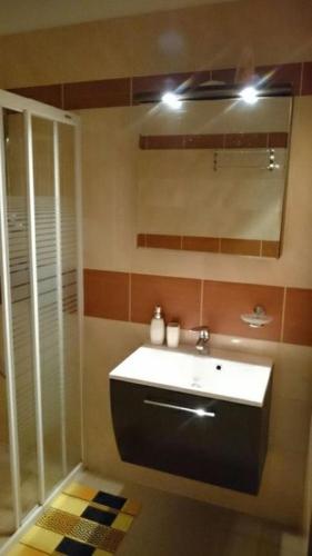 a bathroom with a sink and a mirror at Noclegi Lidzbark -Stacja Paliw k Lidzbarka in Lidzbark
