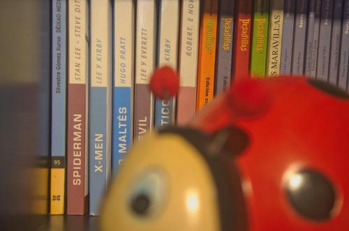 a red stuffed animal is standing in front of books at La Casina de Luarca in Luarca