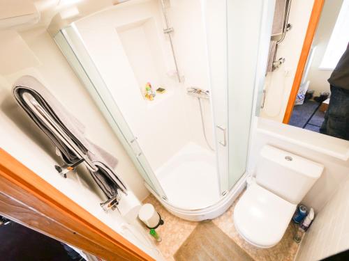 mała łazienka z toaletą i prysznicem w obiekcie Low Ceiling Apartment w Rydze