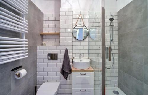 a bathroom with a sink and a toilet and a mirror at Apart-Invest Apartament Pastelowy in Szklarska Poręba