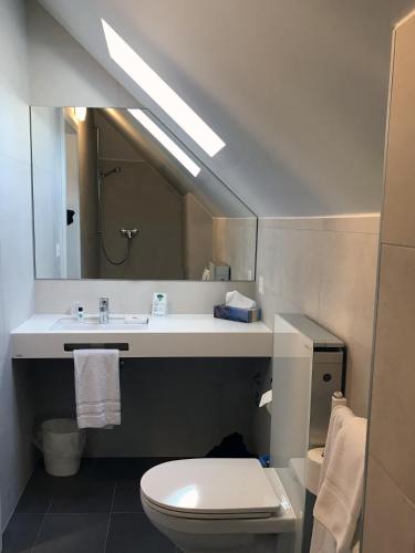 a bathroom with a sink and a toilet and a mirror at Hôtel de l'Ecluse in Neuchâtel