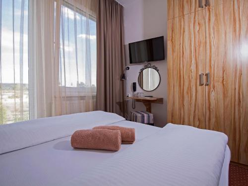 a hotel room with a bed with a mirror and a window at Aviator Garni Hotel Bratislava in Bratislava