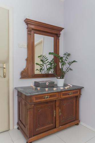 a wooden vanity with a mirror and a potted plant at Shabby Chic Apartments in Šibenik