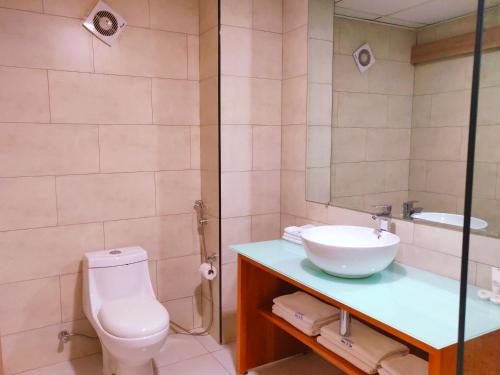 a bathroom with a sink and a toilet and a mirror at Fairway Boutique Hotel - Kampala, Uganda in Kampala