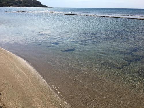 a beach with sand and water on the shore at Legrena Beach Villa in Sounio