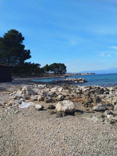 a rocky beach with trees and the ocean in the background at Apartman Helen in Malinska