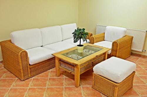 sala de estar con sofá, 2 sillas y mesa en Hotel Magnólia, en Balatonszepezd