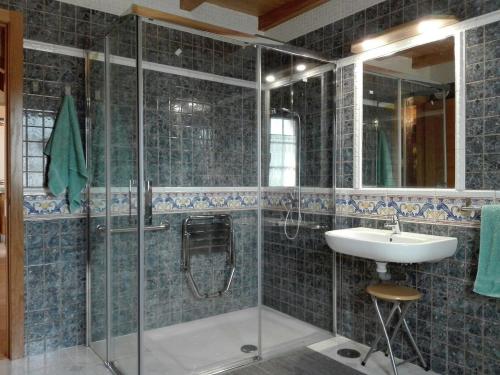 y baño con ducha acristalada y lavamanos. en Casa de aldea Amezaga, en Taramundi