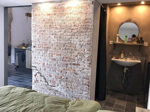 uma casa de banho com uma parede de tijolos e um lavatório em De Pastorie em Middelburg