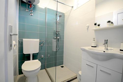 W łazience znajduje się prysznic, toaleta i umywalka. w obiekcie La Piazza w mieście Umag