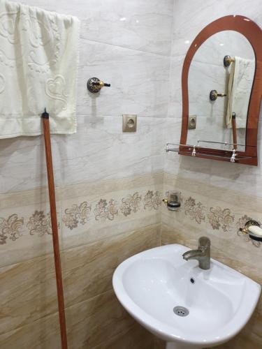 a bathroom with a white sink and a mirror at Сергей Сергеевич in Akhaltsikhe