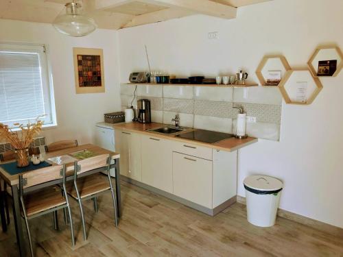 a kitchen with a table and a counter top at Apartmán Pavlenka in Hustopeče