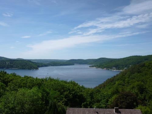 ヴァルデックにあるLuxurious Apartment in Waldeck with Saunaの丘陵の大きな湖の景色