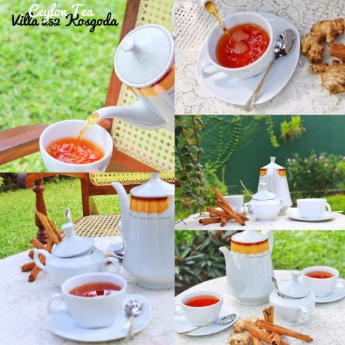 a collage of four pictures of a tea pot and cups of tea at Villa 252 Kosgoda in Kosgoda
