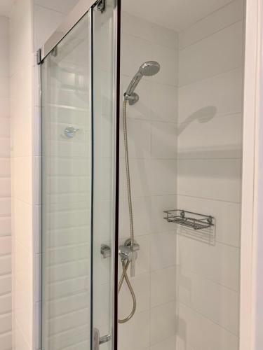 a shower with a glass door and a shower head at Edifici Valeria in Empuriabrava