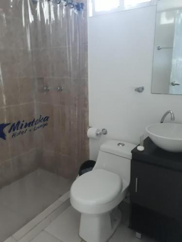 Un baño con inodoro, ducha y lavabo. en Mintaka Hotel + Lounge, en Cartagena de Indias