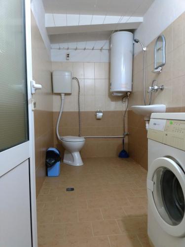 a bathroom with a toilet and a sink and a washing machine at Bungalows Zdravets in Berkovitsa