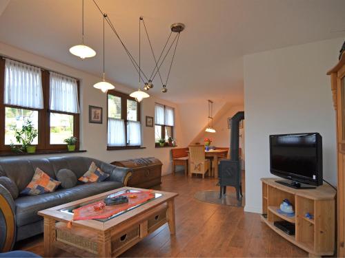 ein Wohnzimmer mit einem Sofa und einem TV in der Unterkunft Modern Apartment in Brachthausen near Forest in Brachthausen