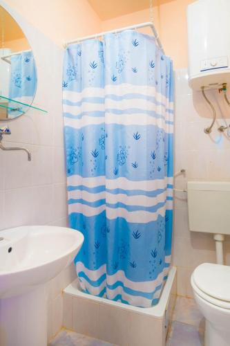 a bathroom with a blue shower curtain and a sink at Silver Beach Apartments Vis in Vis