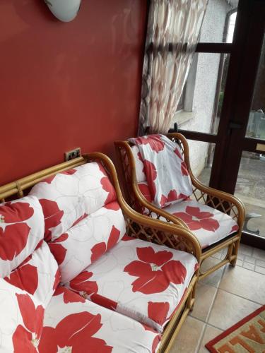 kilka krzeseł siedzących obok okna w obiekcie Aunt Mollie's Cottage w mieście Coalisland