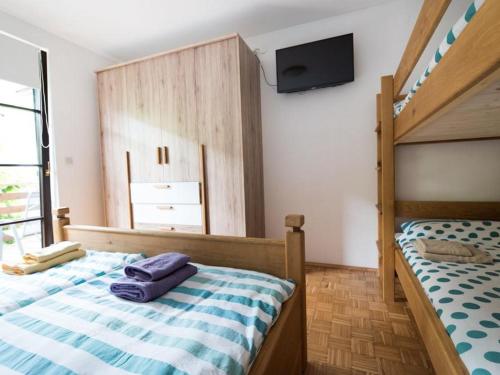 a bedroom with a bunk bed and a flat screen tv at Apartma Matajurc in Trnovo ob Soči