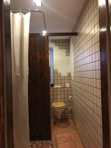 a bathroom with a toilet and a shower with a window at Ganze Unterkunft nur für EUCH! in Rabenau
