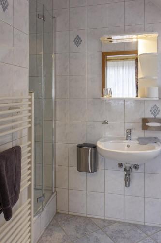 a bathroom with a sink and a glass shower at Hotel Restaurant Waldlust in Hagen