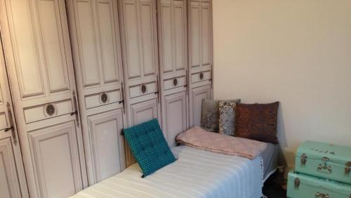 a bedroom with a bed and a wall of cabinets at Appartement typiquement parisien in Paris