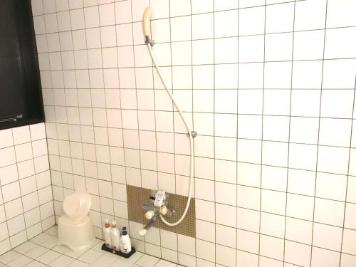 Pal Annex Nakatsu (Love Hotel) في Nakatsu: حمام من البلاط الأبيض مع دش مع مرحاض