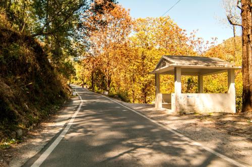 a road with a bus stop on the side at DreamCatcher By Samyati Hotels and Resorts in Bhīm Tāl