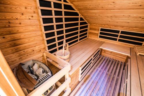 an inside view of a wooden sauna at Luxury Apartment Ana with Hot tub in Višnja Gora