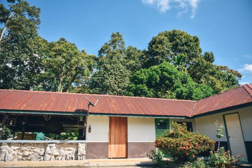 una casa con techo rojo y algunos árboles en Basari Guest House en Lundu