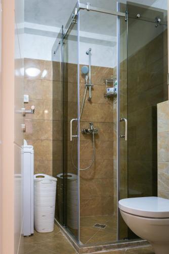 a glass shower stall in a bathroom with a toilet at Harmonia Panorama Apartments in Budva